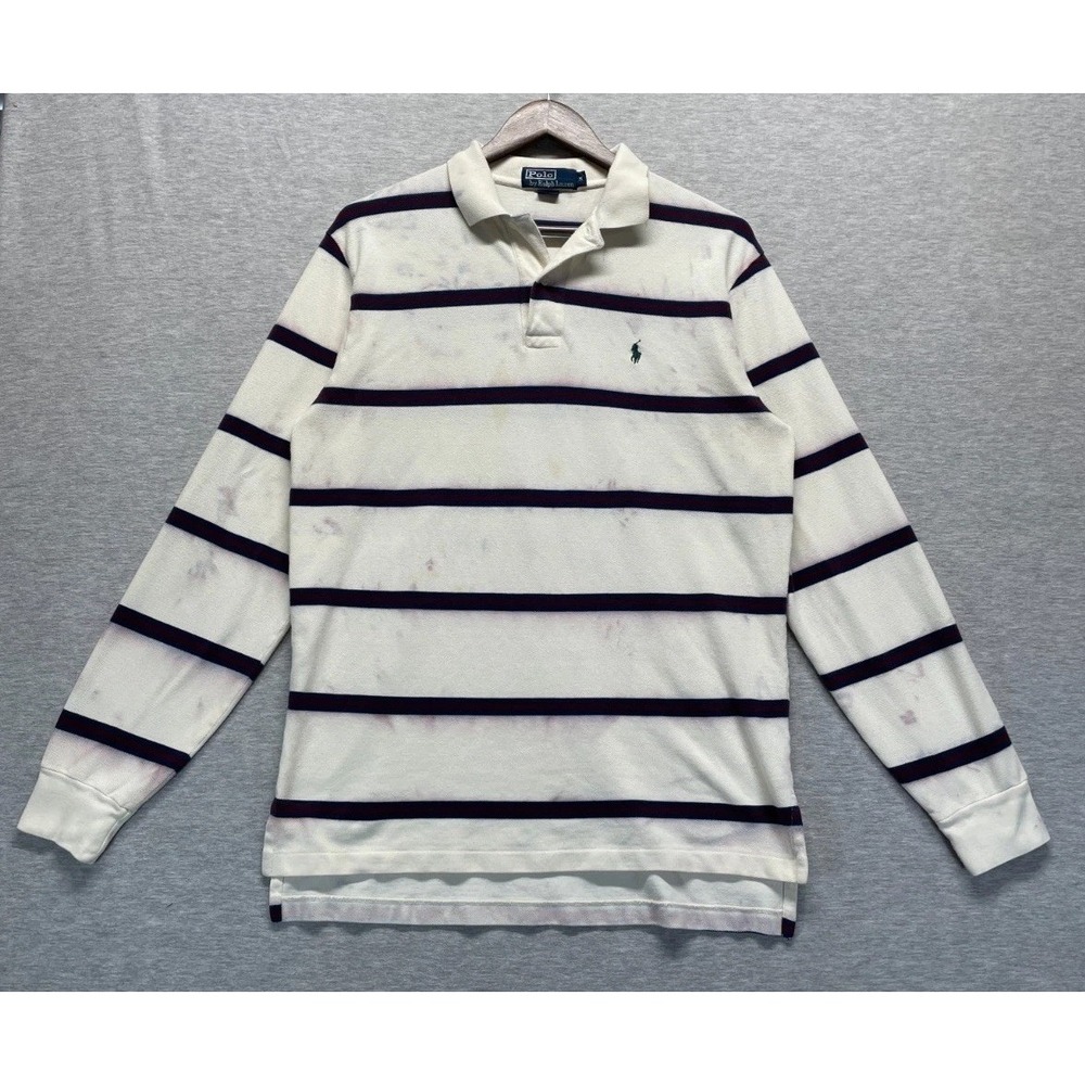 Polo Ralph Lauren Rugby Shirt Mens Medium White Navy Horizontal Striped Tennis
